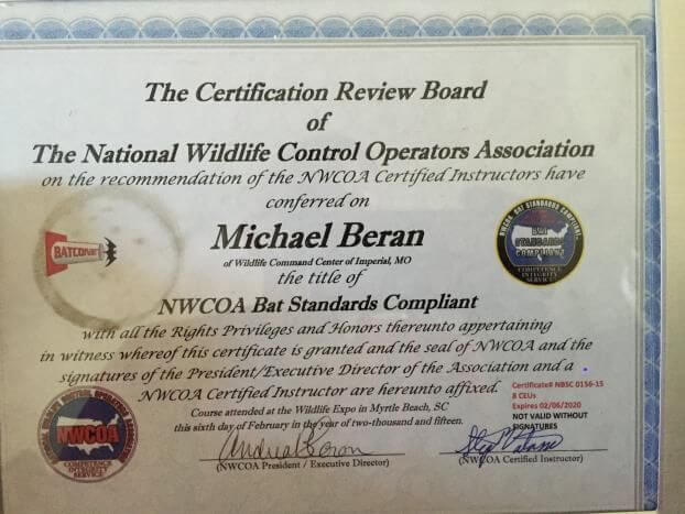 National Wildlife Control Operators Association Certification Michael Beran NWCOA Bats Standards Compliant